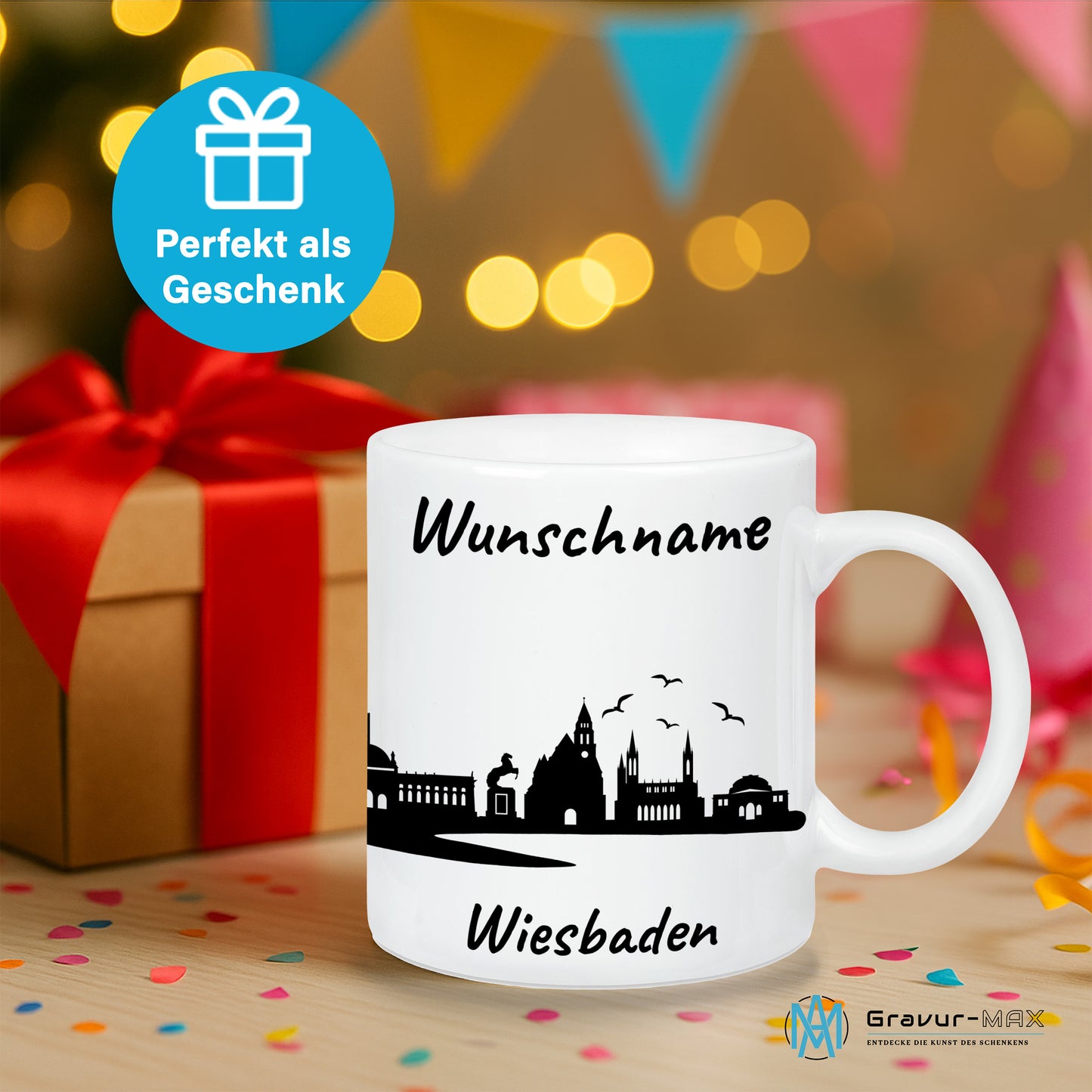 Tasse in Weiß 330ml bedruckt mit der Skyline von Wiesbaden personalisierbar mit Wunschname