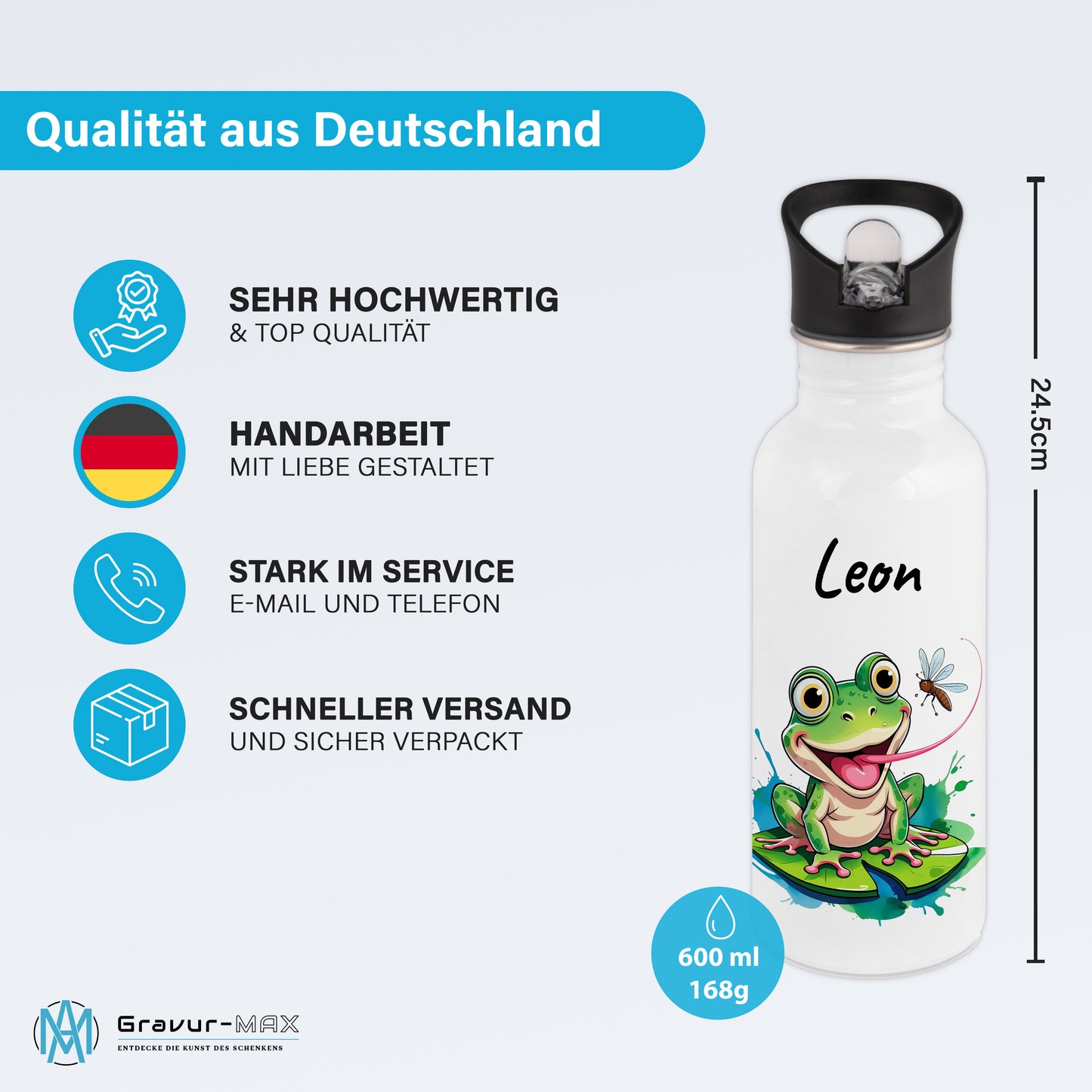 Trinkflasche mit Strohhalm in Weiß 600ml bedruckt mit niedlichen Tieren"Frosch" personalisierbar für Kinder mit Wunschname aus Edelstahl