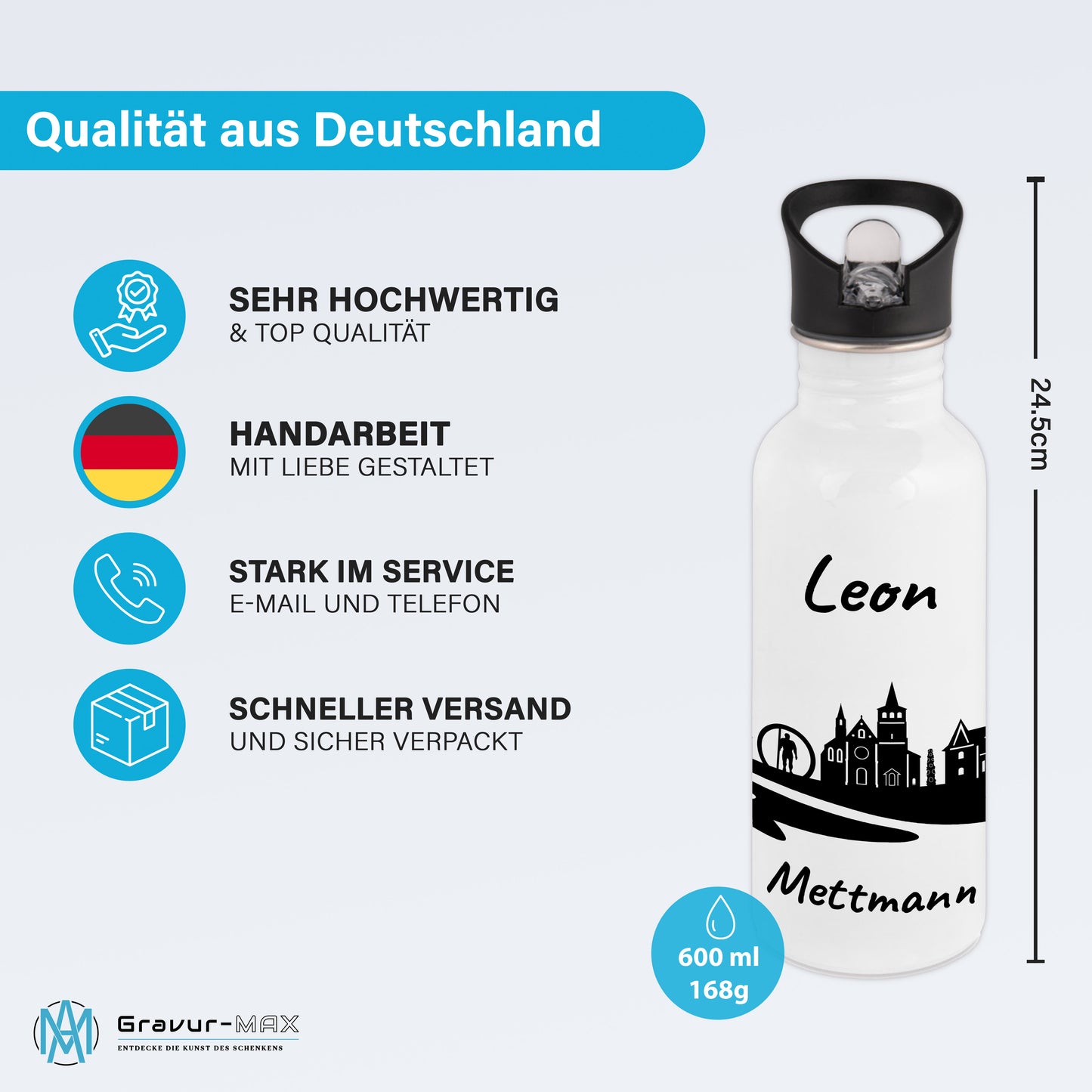 Trinkflasche in Weiß 600ml aus Edelstahl bedruckt mit der Skyline von Mettmann personalisierbar mit Wunschname