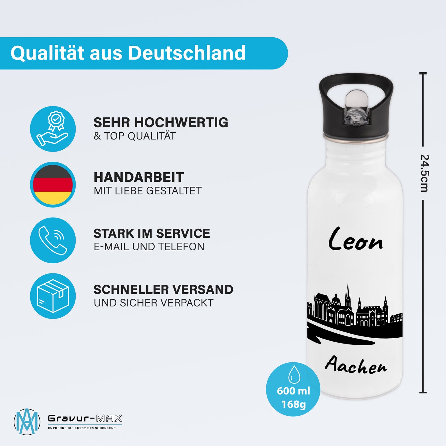 Trinkflasche in Weiß 600ml aus Edelstahl bedruckt mit der Skyline von Aachen personalisierbar mit Wunschname