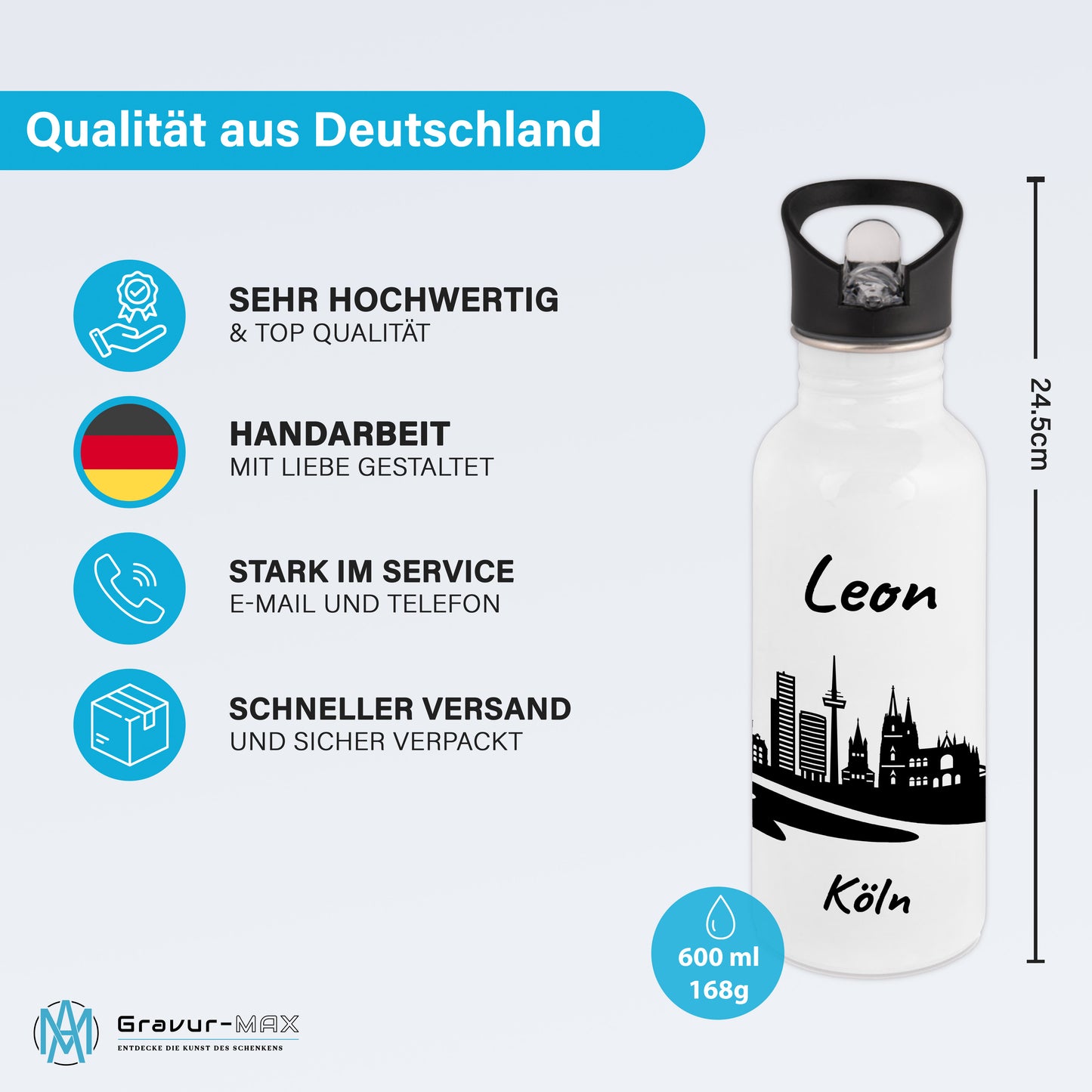 Trinkflasche in Weiß 600ml aus Edelstahl bedruckt mit der Skyline von Köln personalisierbar mit Wunschname