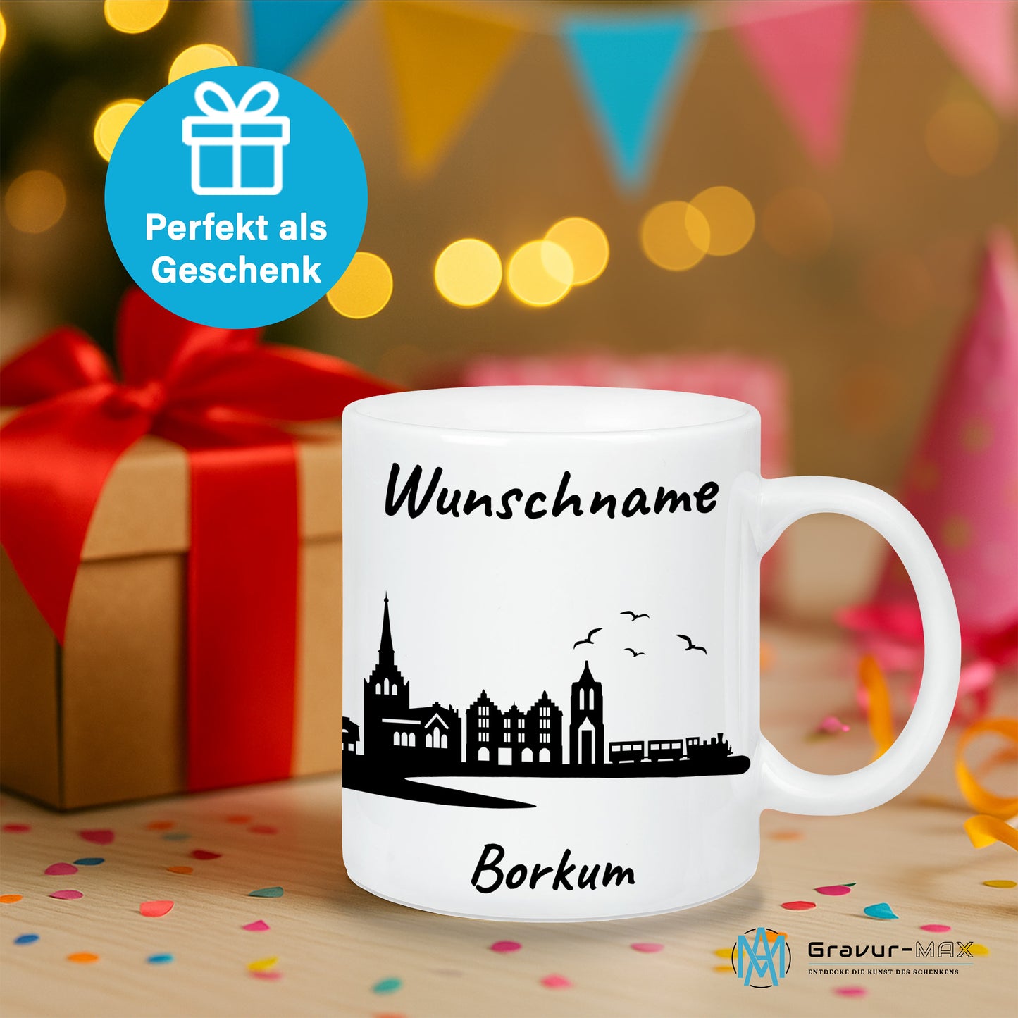 Tasse in Weiß 330ml bedruckt mit der Skyline von Borkum personalisierbar mit Wunschname
