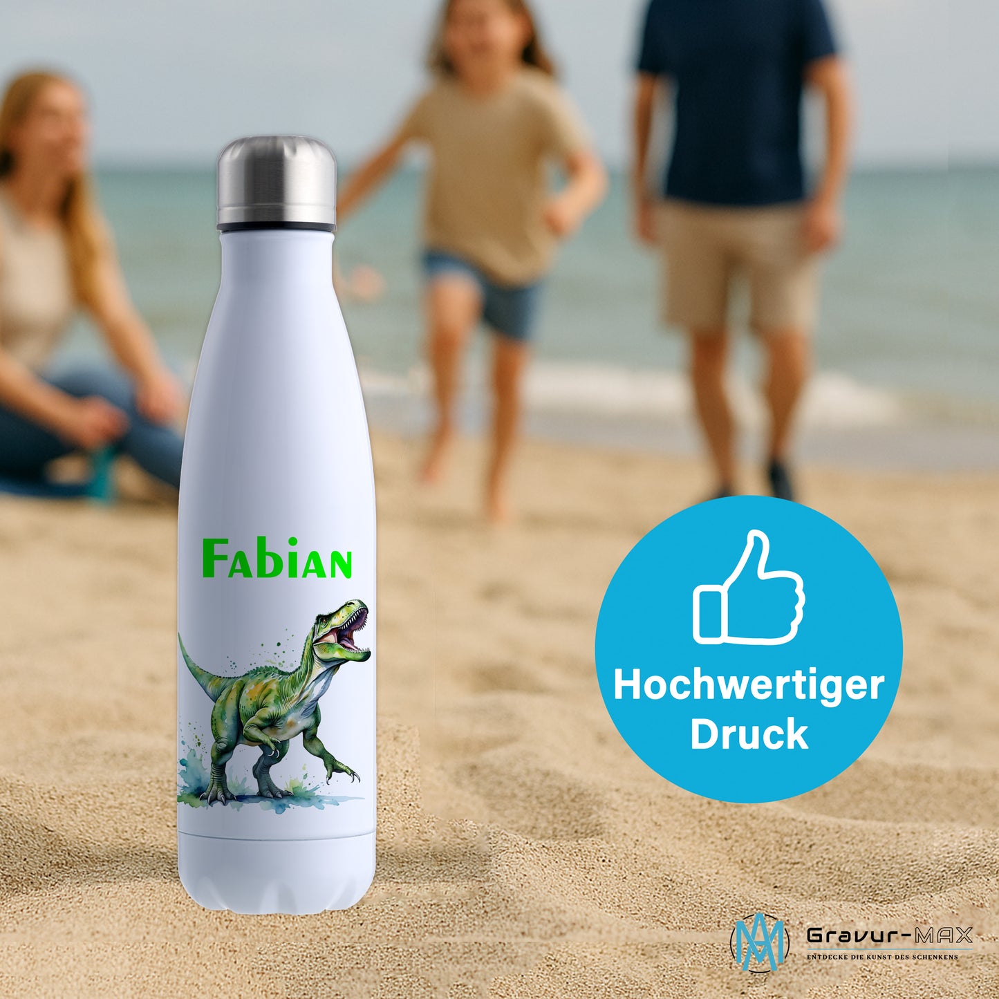 Thermoflasche 500ml in Weiß bedruckt mit tollen Motiven für Kinder "Dino T-Rex" personalisierbar mit Wunschname