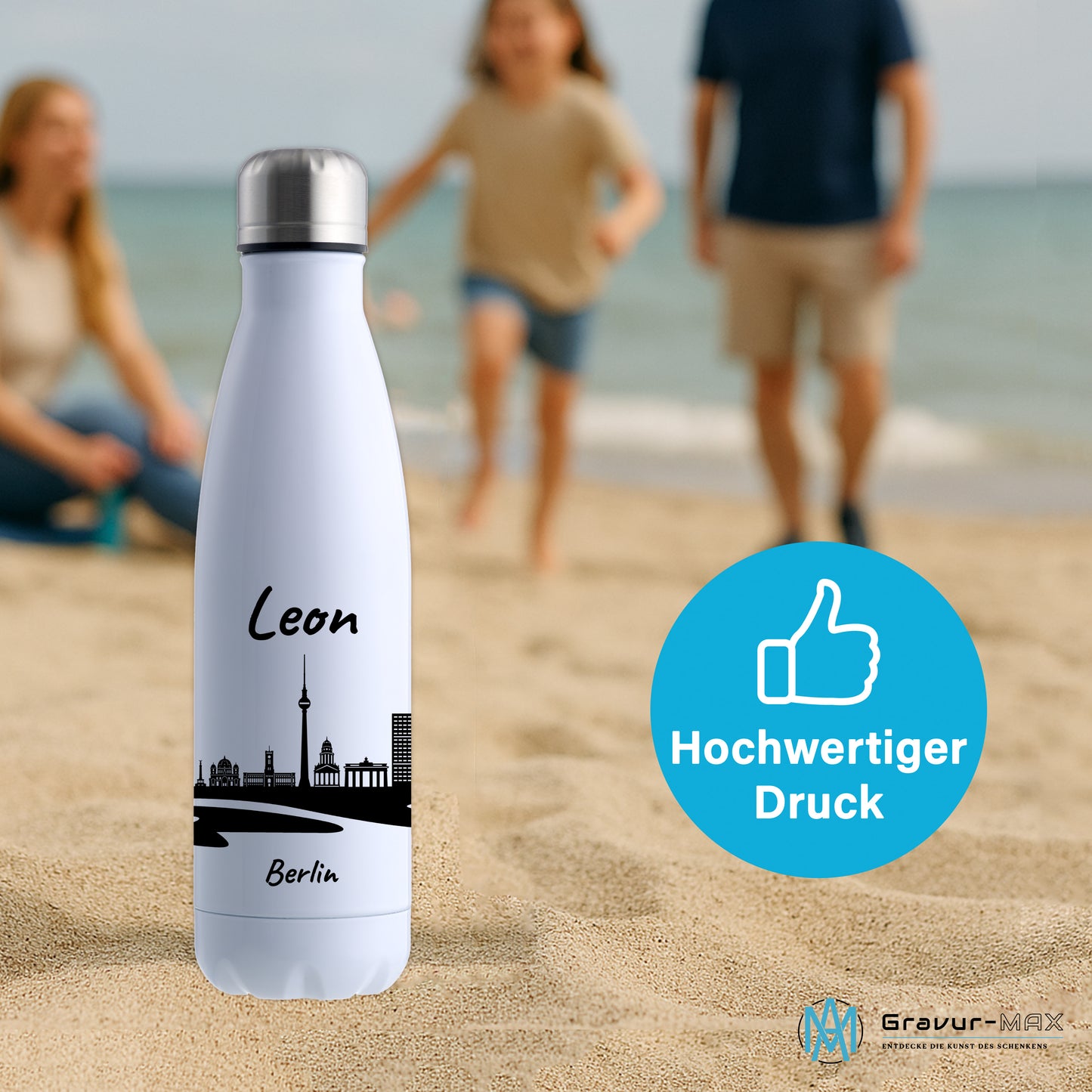 Trinkflasche in Weiß 500ml aus Edelstahl bedruckt mit der Skyline von Berlin personalisierbar mit Wunschname