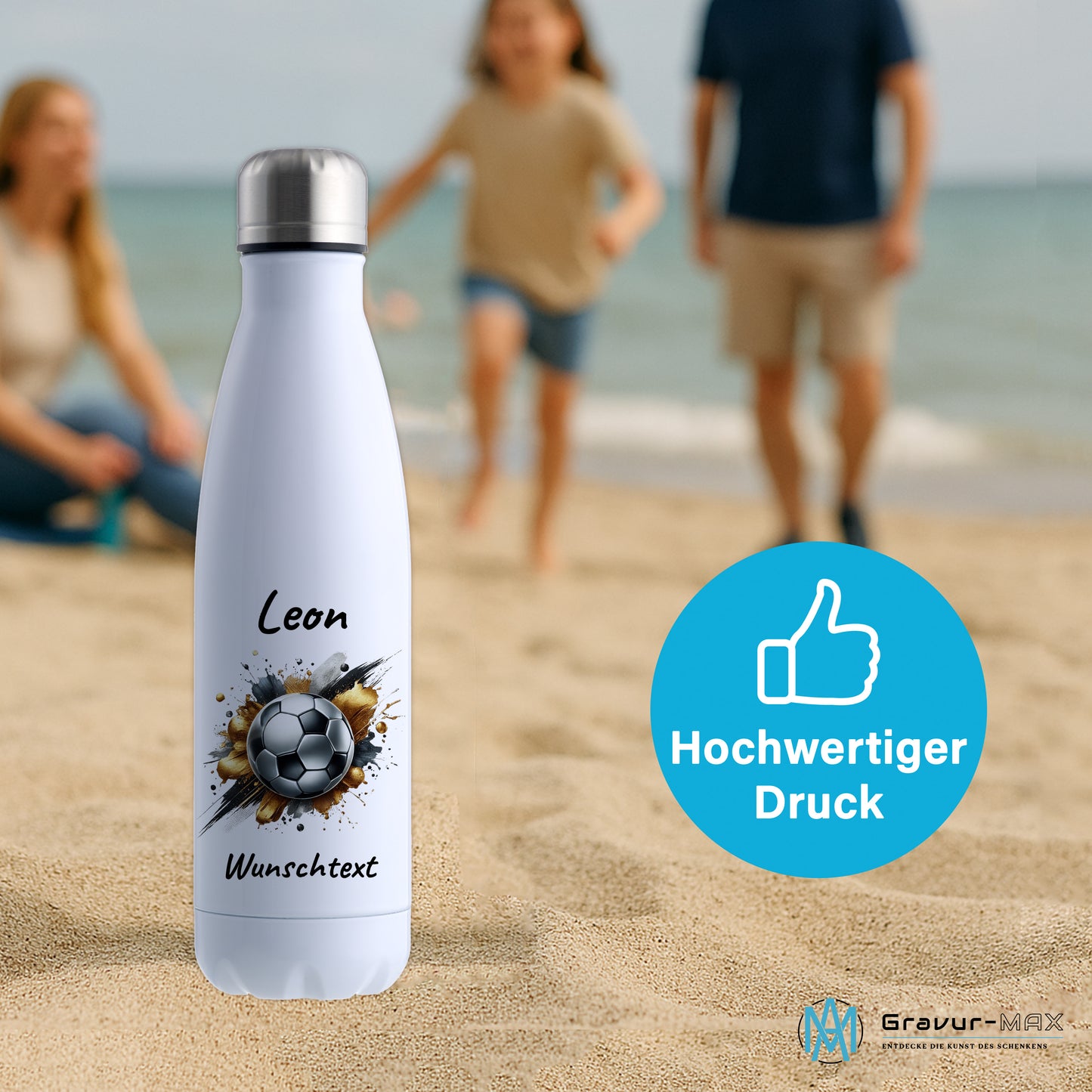 Thermoflasche 500ml in Weiß aus Edelstahl bedruckt "Fußball" Motiv13 personalisierbar mit Wunschname & Text