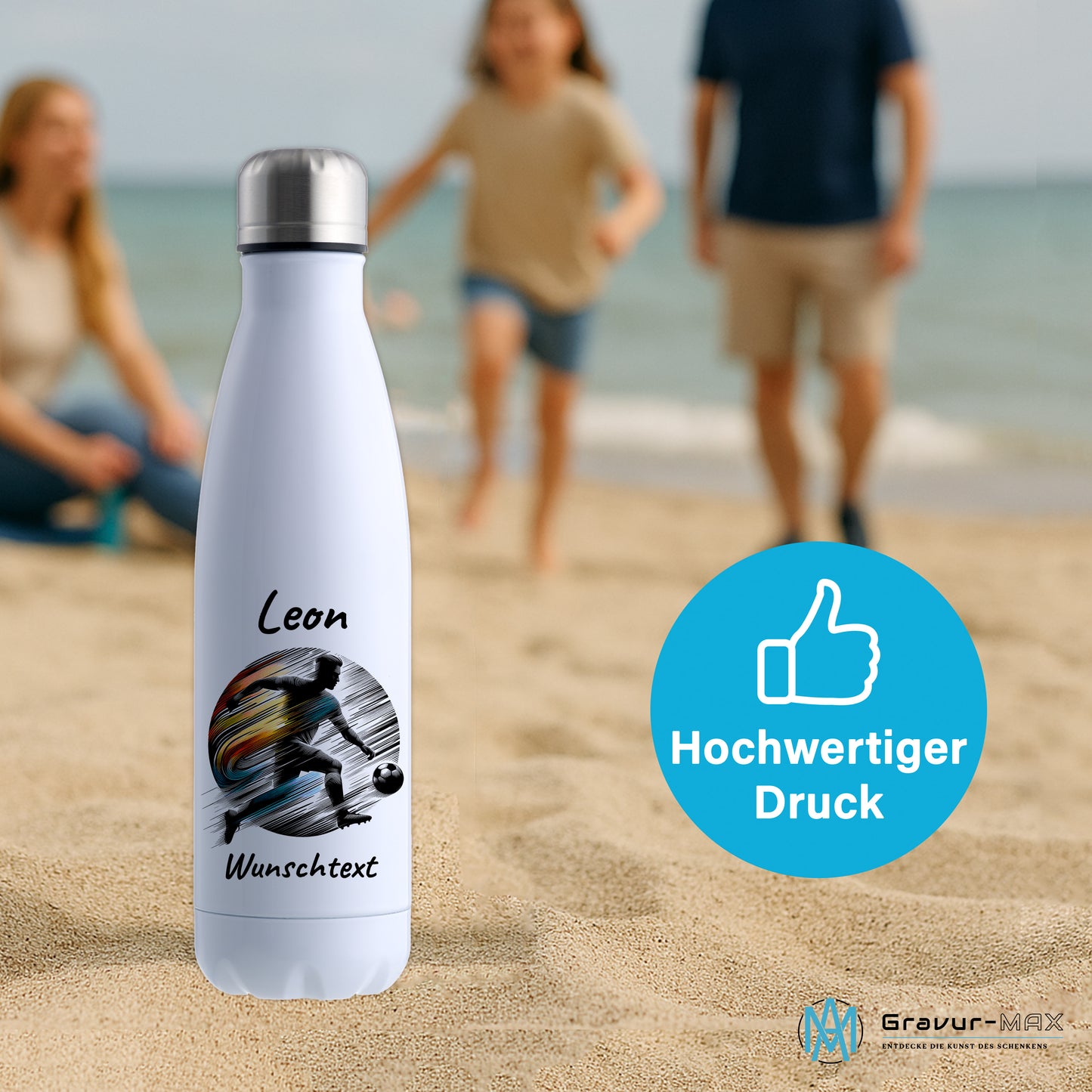 Thermoflasche 500ml in Weiß aus Edelstahl bedruckt "Fußball" Motiv2 personalisierbar mit Wunschname & Text