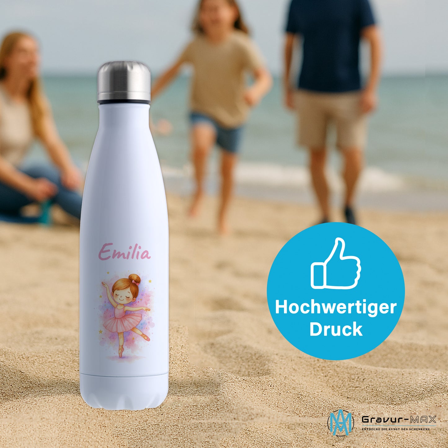 Thermoflasche 500ml in Weiß bedruckt mit tollen Motiven für Kinder "Ballerina" personalisierbar mit Wunschname