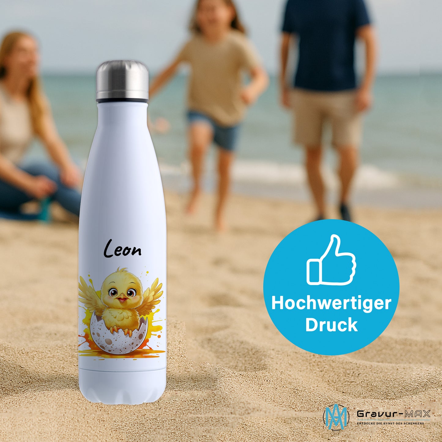 Trinkflasche in Weiß 500ml aus Edelstahl bedruckt mit niedlichen Tieren "Küken" personalisierbar für Kinder mit Wunschname