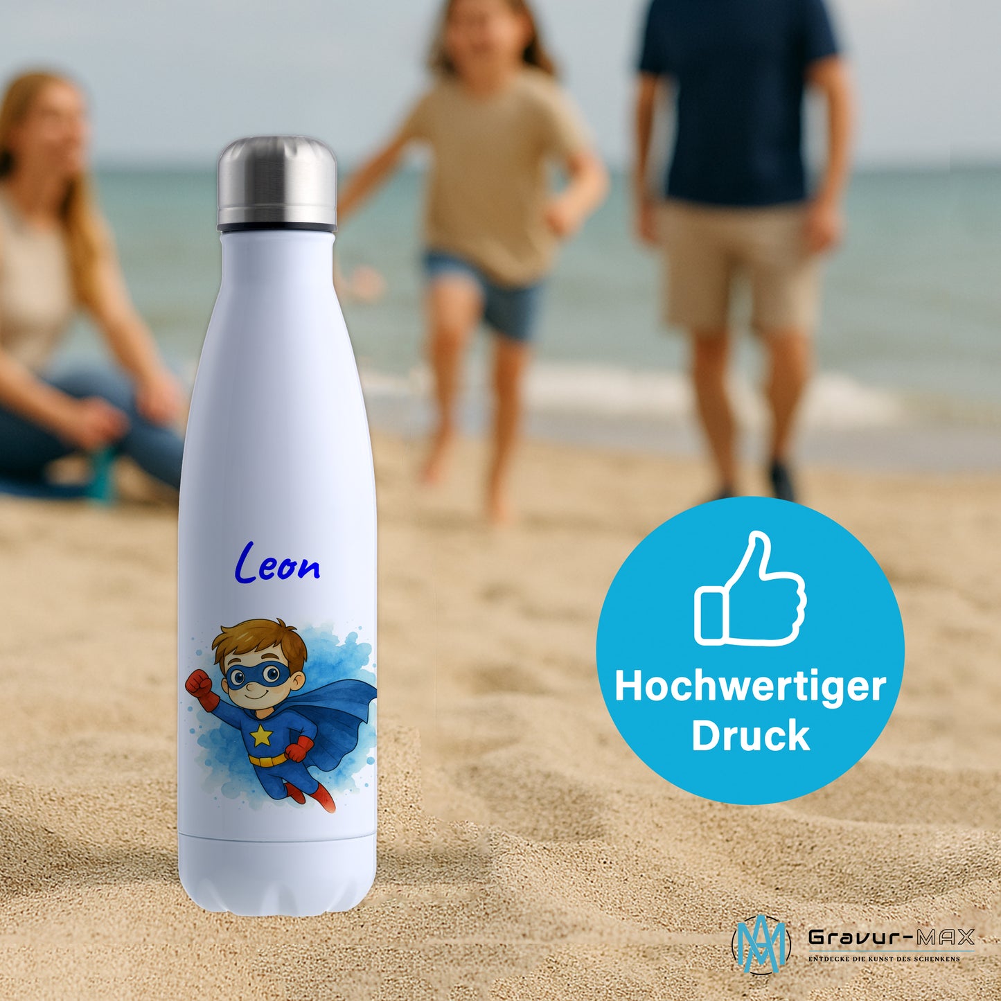 Thermoflasche 500ml in Weiß bedruckt mit tollen Motiven für Kinder "Superheld" personalisierbar mit Wunschname