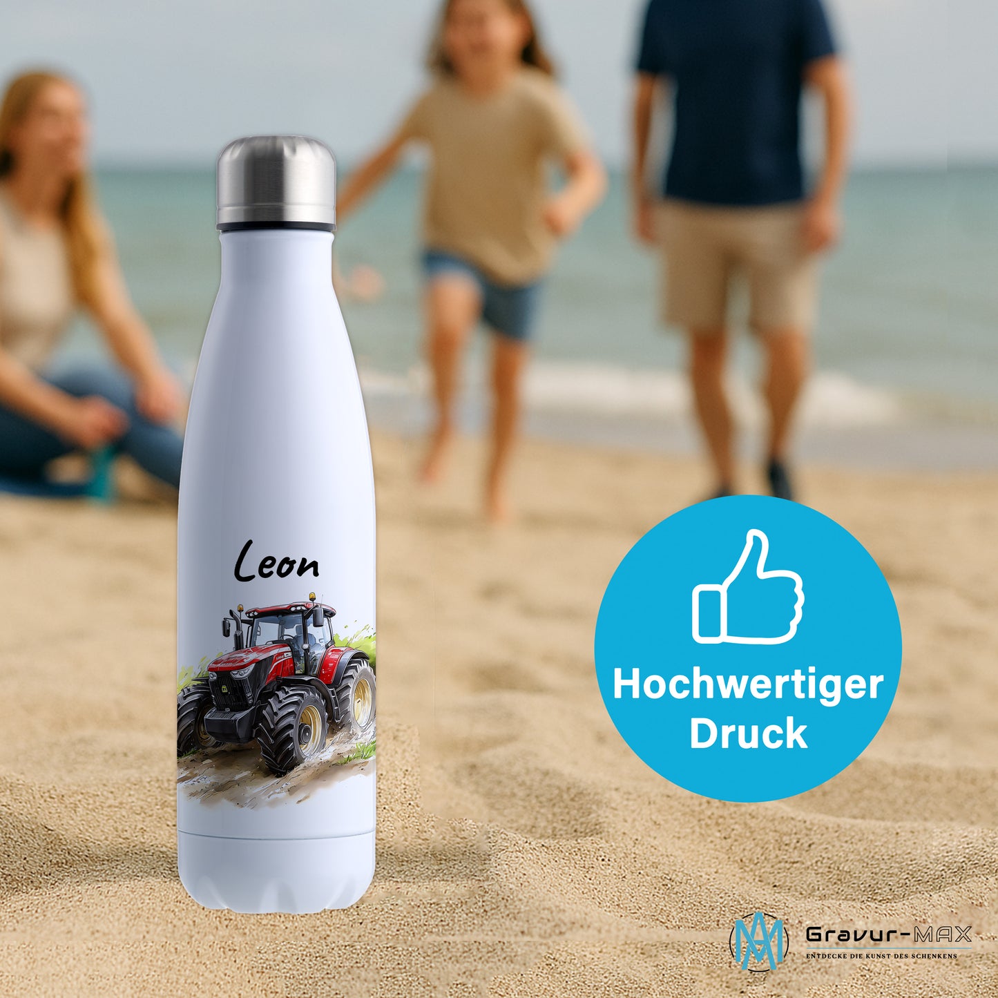 Thermoflasche 500ml in Weiß bedruckt mit tollen Motiven für Kinder "Traktor" personalisierbar mit Wunschname