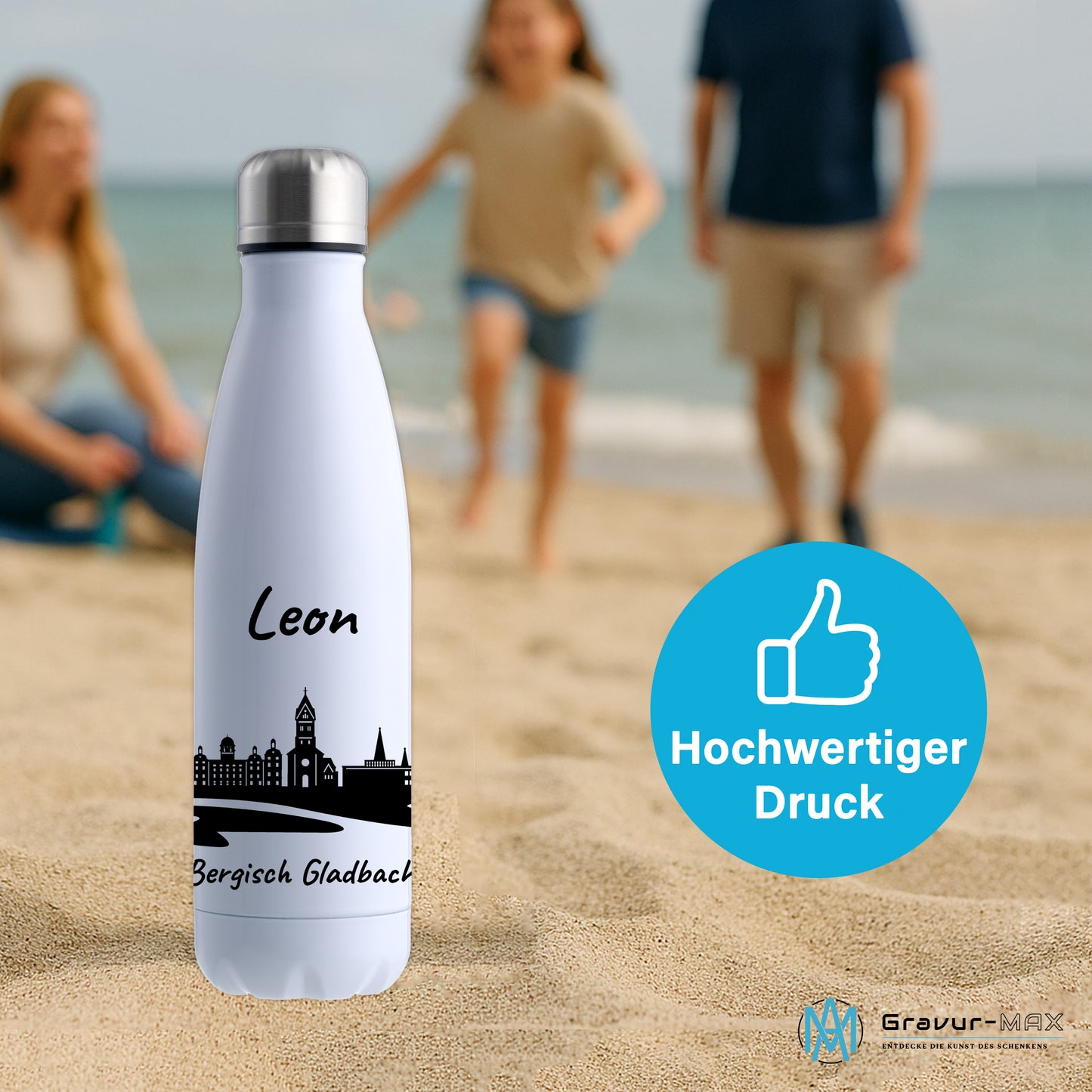 Trinkflasche in Weiß 500ml aus Edelstahl bedruckt mit der Skyline von Bergisch Gladbach personalisierbar mit Wunschname