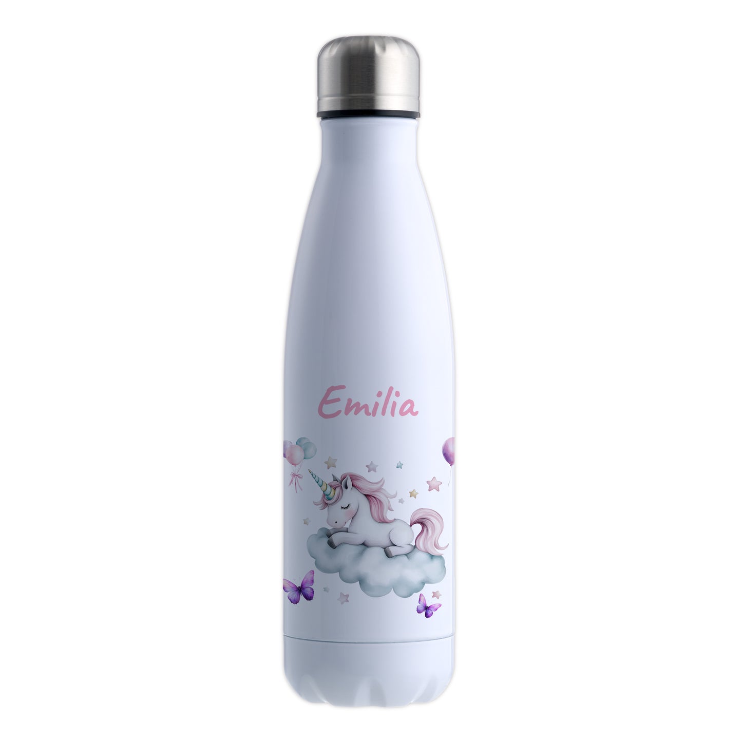 Thermoflasche 500ml in Weiß bedruckt mit tollen Motiven für Kinder "Einhorn Wolke" personalisierbar mit Wunschname