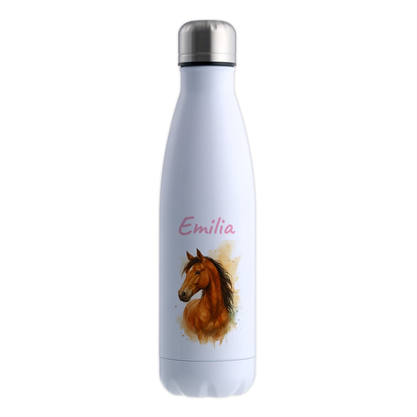 Thermoflasche 500ml in Weiß bedruckt mit tollen Motiven für Kinder "Pferd" personalisierbar mit Wunschname