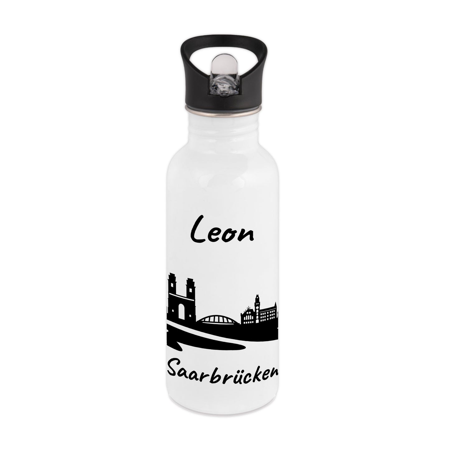 Trinkflasche in Weiß 600ml aus Edelstahl bedruckt mit der Skyline von Saarbrücken personalisierbar mit Wunschname