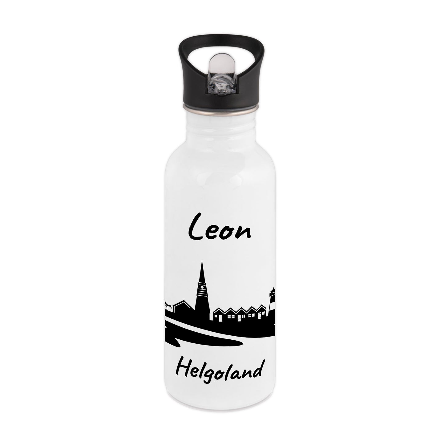 Trinkflasche in Weiß 600ml aus Edelstahl bedruckt mit der Skyline von Helgoland personalisierbar mit Wunschname