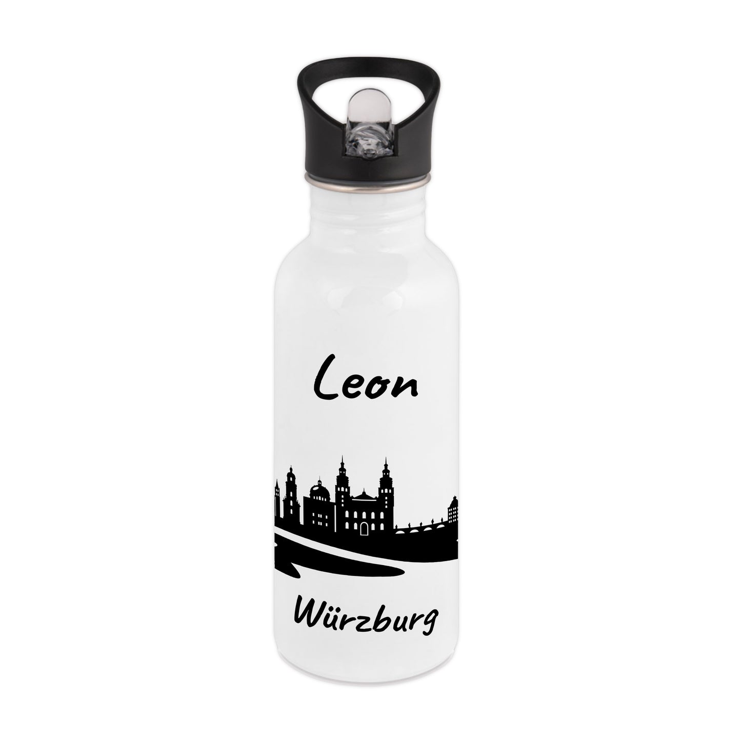Trinkflasche in Weiß 600ml aus Edelstahl bedruckt mit der Skyline von Würzburg personalisierbar mit Wunschname