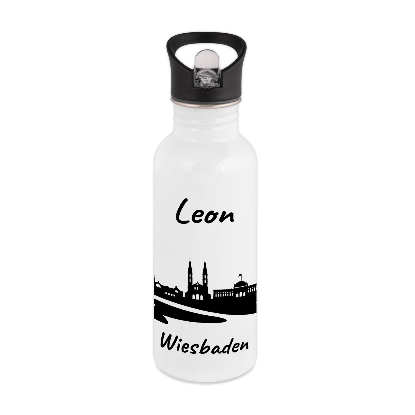 Trinkflasche in Weiß 600ml aus Edelstahl bedruckt mit der Skyline von Wiesbaden personalisierbar mit Wunschname