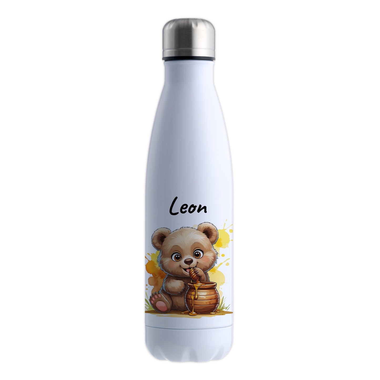 Trinkflasche in Weiß 500ml aus Edelstahl bedruckt mit niedlichen Tieren "Bär" personalisierbar für Kinder mit Wunschname