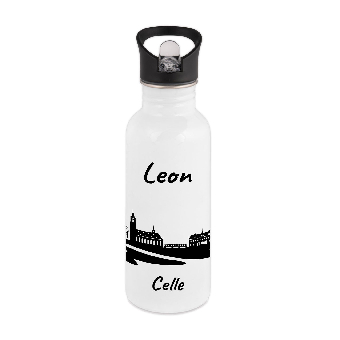 Trinkflasche in Weiß 600ml aus Edelstahl bedruckt mit der Skyline von Celle personalisierbar mit Wunschname