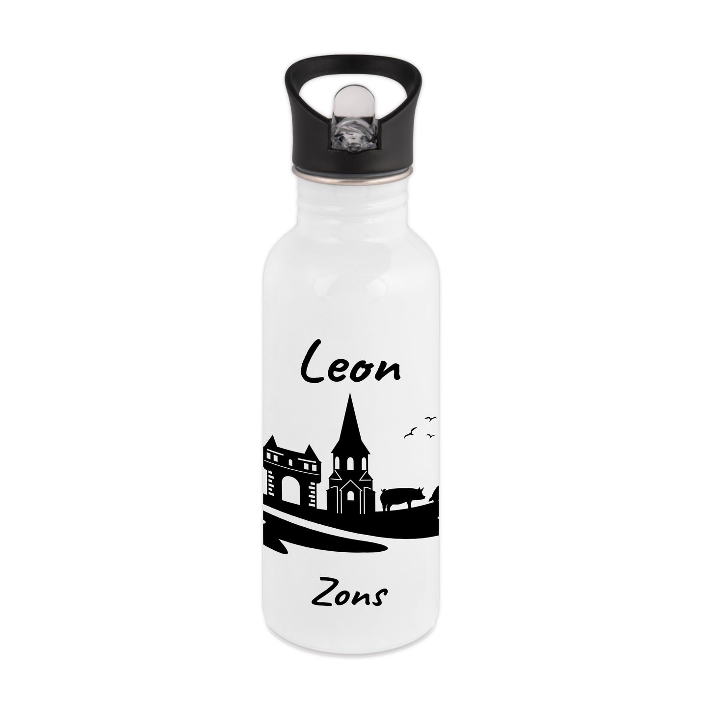 Trinkflasche in Weiß 600ml aus Edelstahl bedruckt mit der Skyline von Zons (Dormagen) personalisierbar mit Wunschname