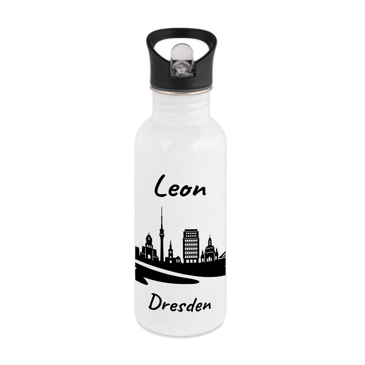 Trinkflasche in Weiß 600ml aus Edelstahl bedruckt mit der Skyline von Dresden personalisierbar mit Wunschname