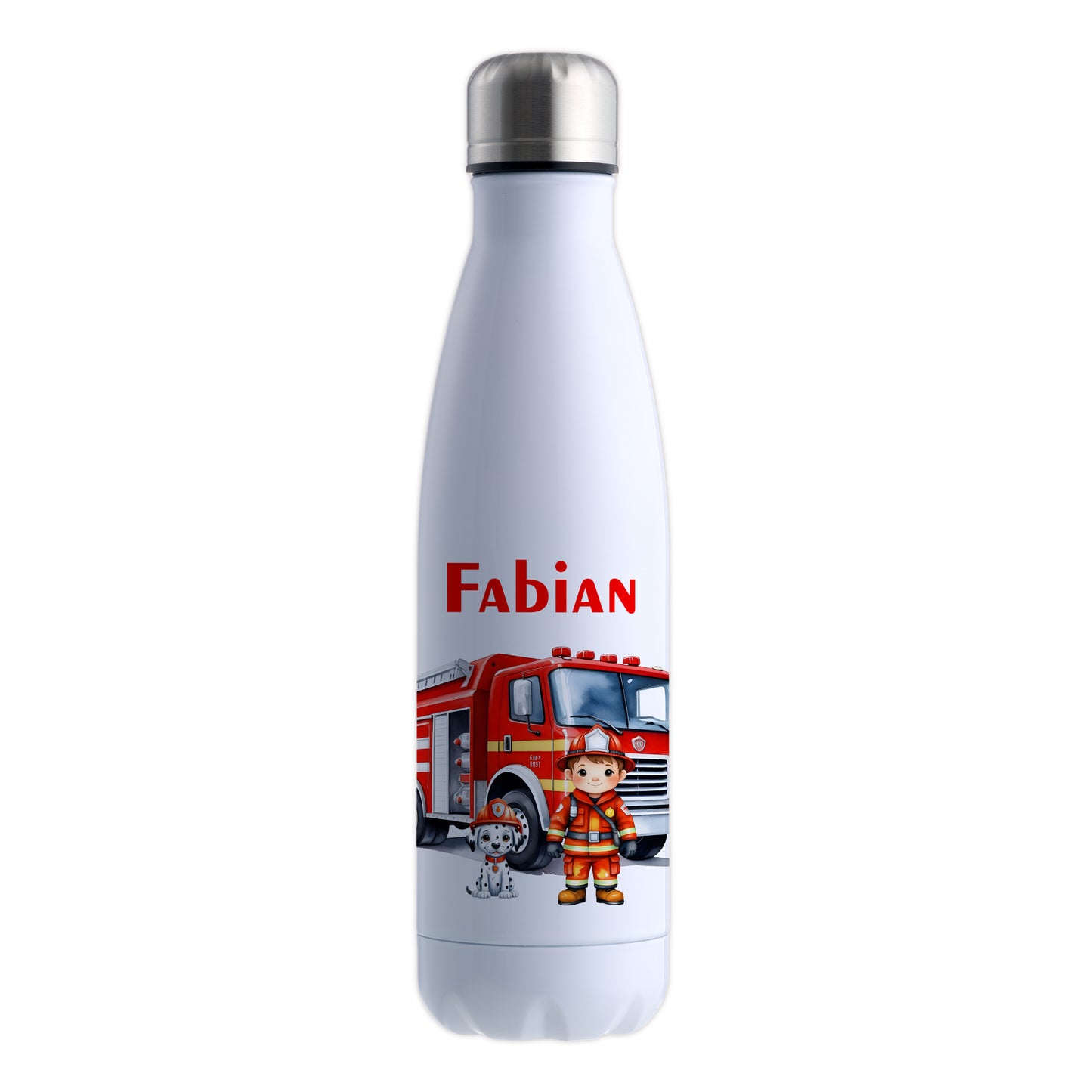 Thermoflasche 500ml in Weiß bedruckt mit tollen Motiven für Kinder "Feuerwehr" personalisierbar mit Wunschname