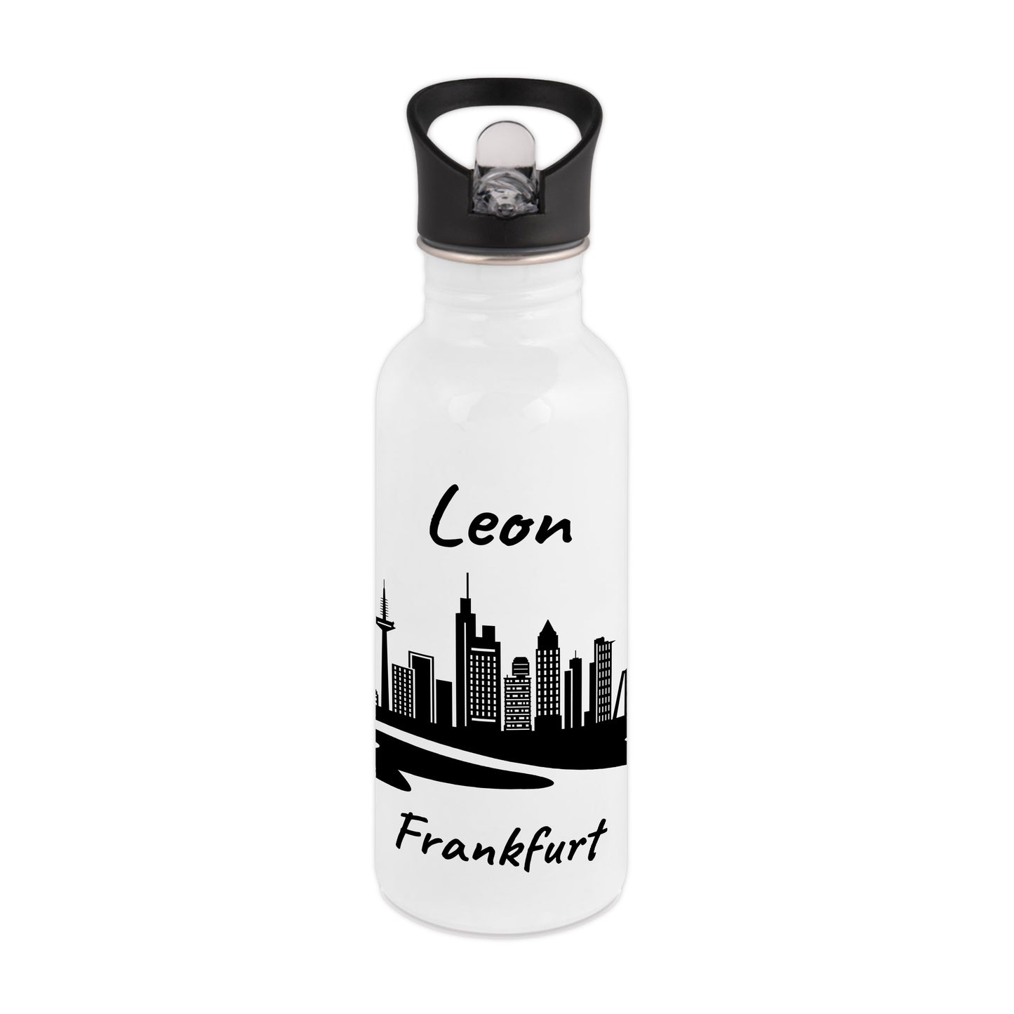 Trinkflasche in Weiß 600ml aus Edelstahl bedruckt mit der Skyline von Frankfurt personalisierbar mit Wunschname