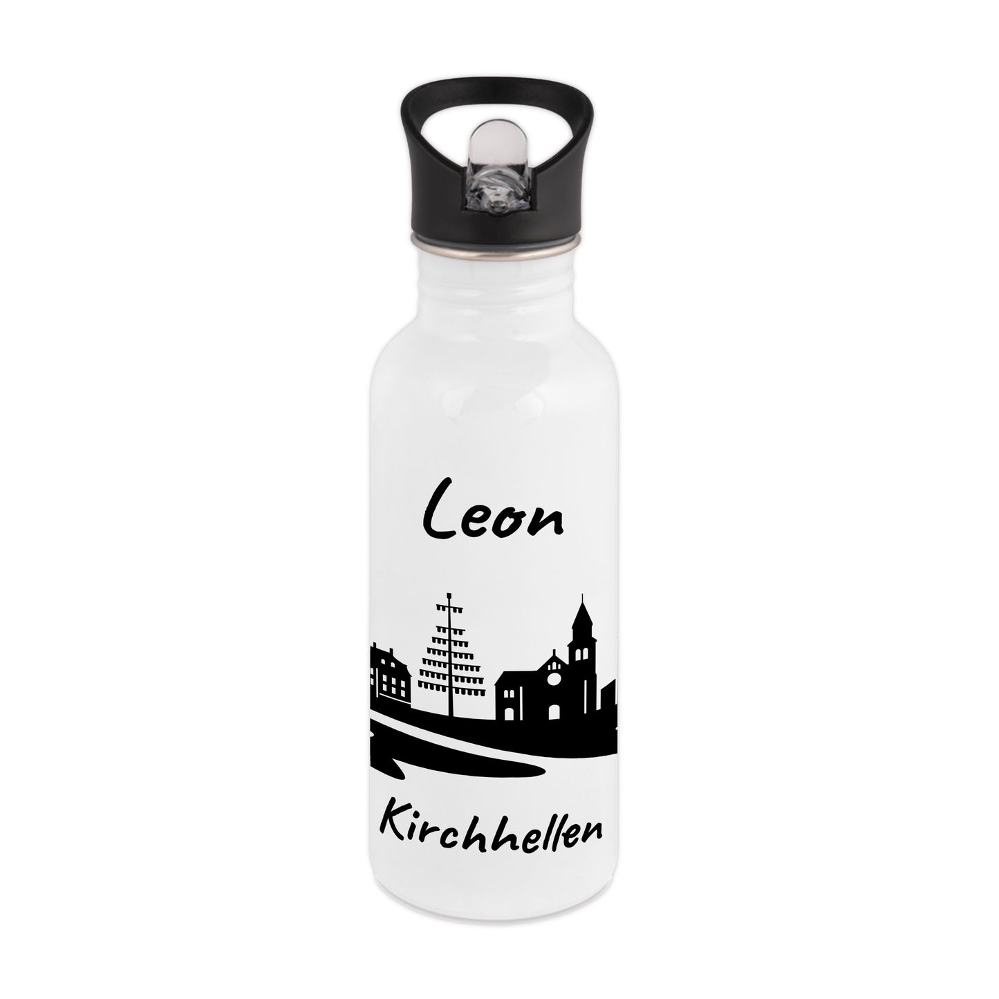 Trinkflasche in Weiß 600ml aus Edelstahl bedruckt mit der Skyline von Kirchhellen personalisierbar mit Wunschname
