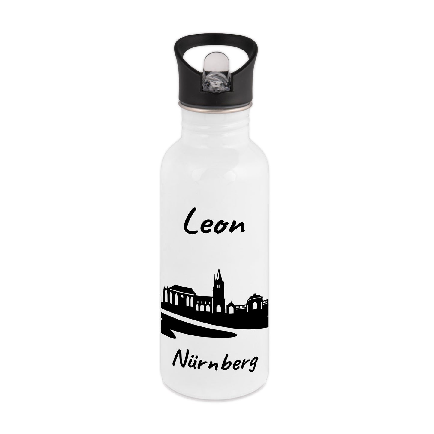 Trinkflasche in Weiß 600ml aus Edelstahl bedruckt mit der Skyline von Nürnberg personalisierbar mit Wunschname