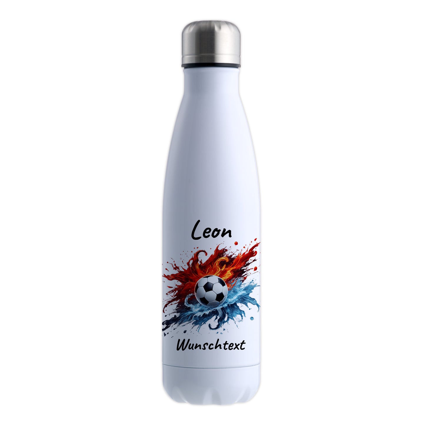 Thermoflasche 500ml in Weiß aus Edelstahl bedruckt "Fußball" Motiv12 personalisierbar mit Wunschname & Text
