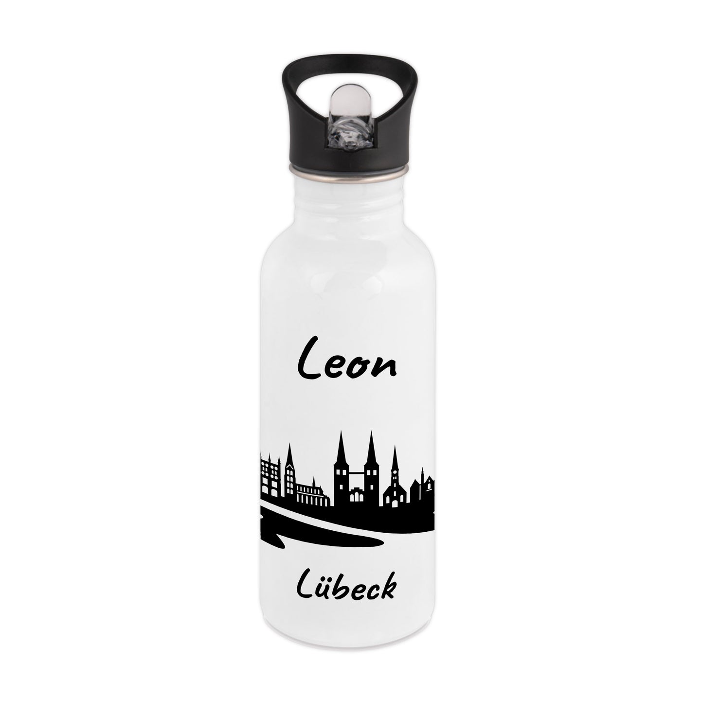 Trinkflasche in Weiß 600ml aus Edelstahl bedruckt mit der Skyline von Lübeck personalisierbar mit Wunschname