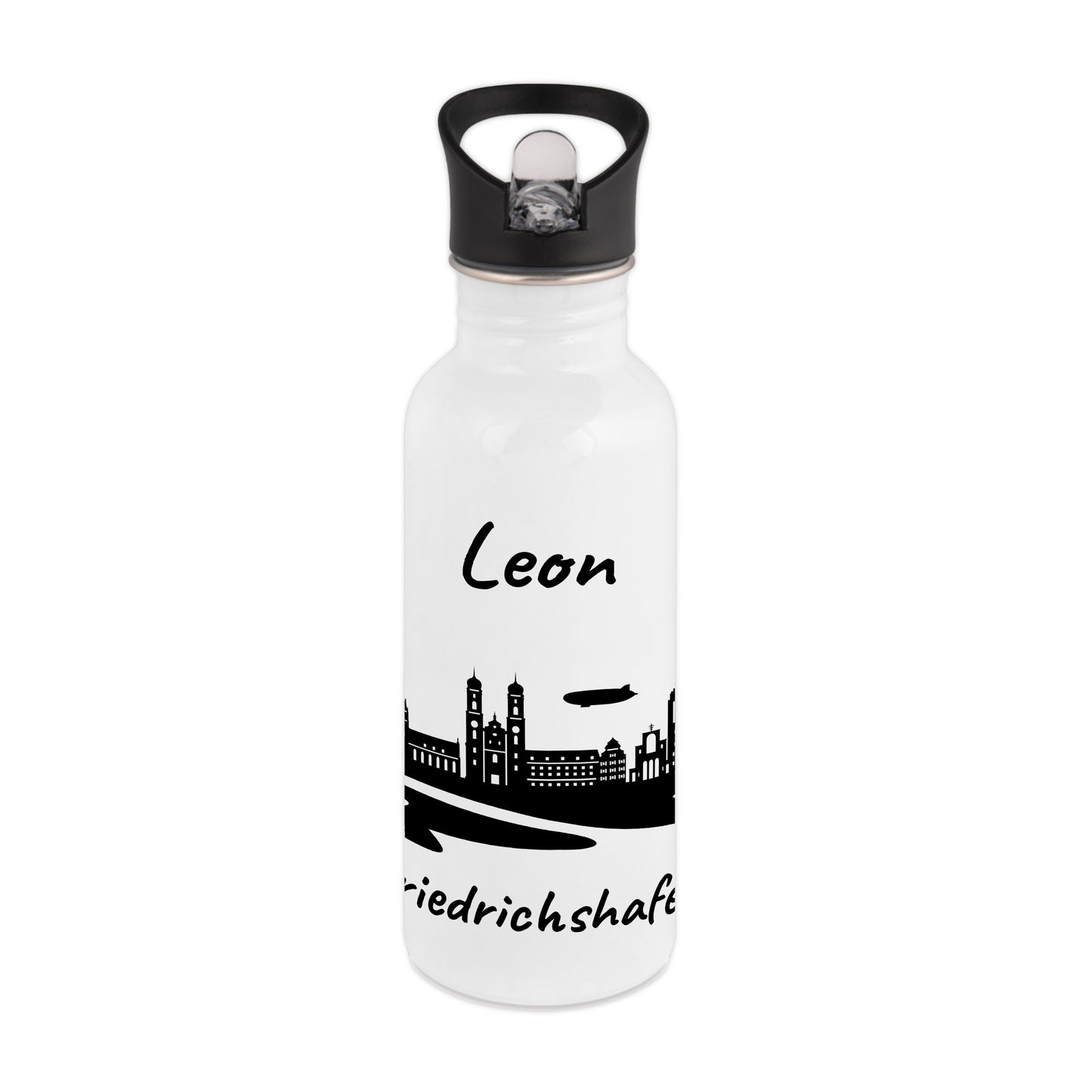 Trinkflasche in Weiß 600ml aus Edelstahl bedruckt mit der Skyline von Friedrichshafen personalisierbar mit Wunschname