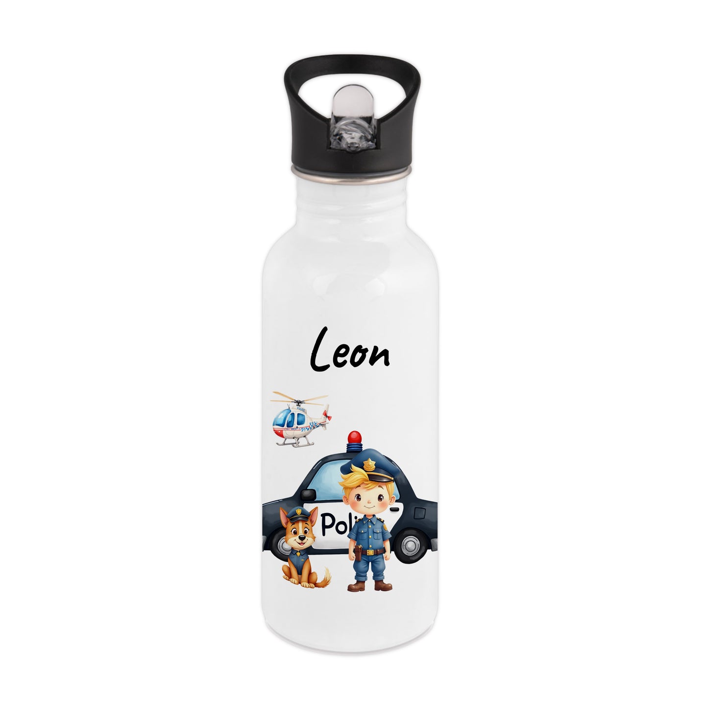 Trinkflasche mit Strohhalm in Weiß 600ml bedruckt mit tollen Motiven für Kinder "Polizei" personalisierbar für Kinder mit Wunschname aus Edelstahl