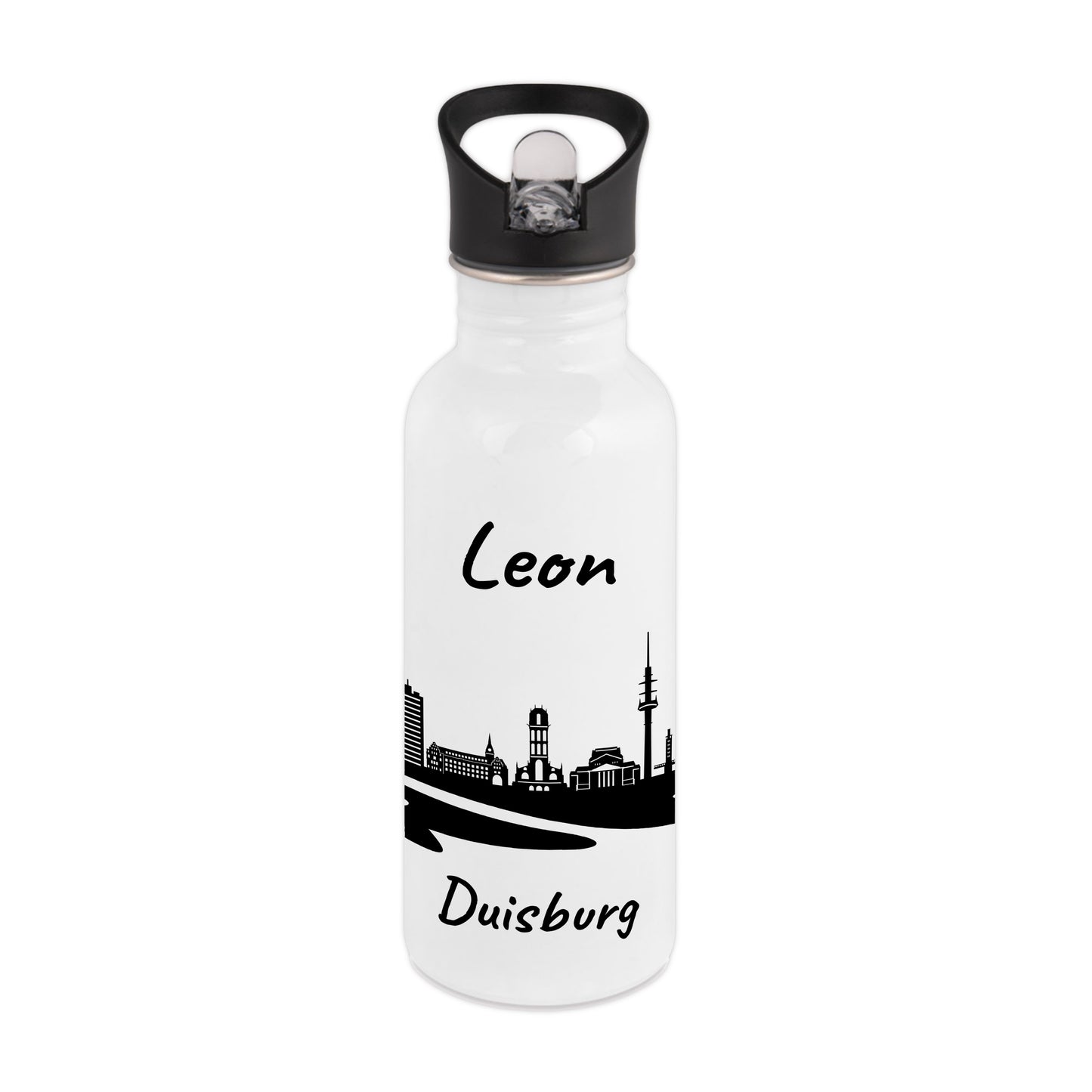 Trinkflasche in Weiß 600ml aus Edelstahl bedruckt mit der Skyline von Duisburg personalisierbar mit Wunschname