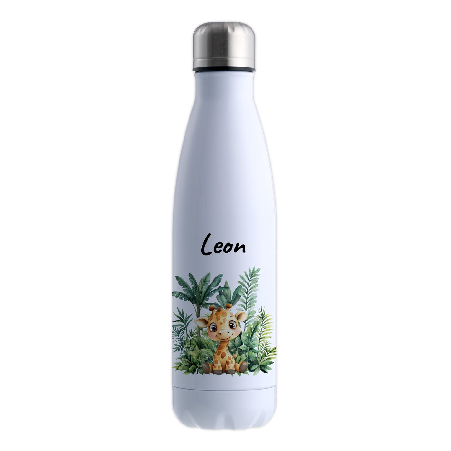 Trinkflasche in Weiß 500ml aus Edelstahl bedruckt mit Dschungel Tieren"Giraffe" personalisierbar für Kinder mit Wunschname
