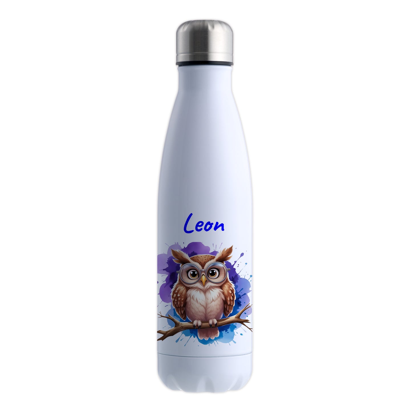 Trinkflasche in Weiß 500ml aus Edelstahl bedruckt mit niedlichen Tieren "Eule" personalisierbar für Kinder mit Wunschname