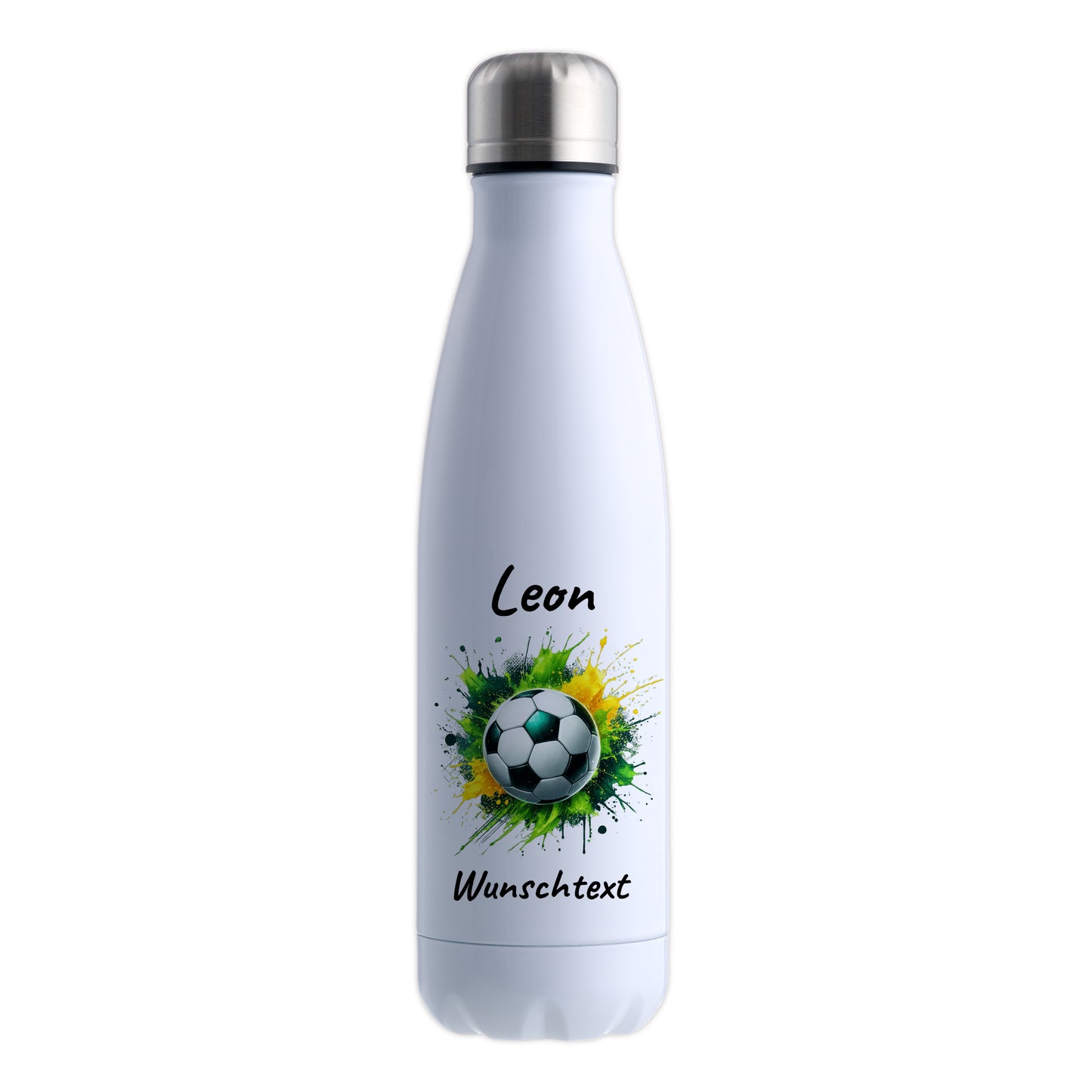 Thermoflasche 500ml in Weiß aus Edelstahl bedruckt "Fußball" Motiv11 personalisierbar mit Wunschname & Text