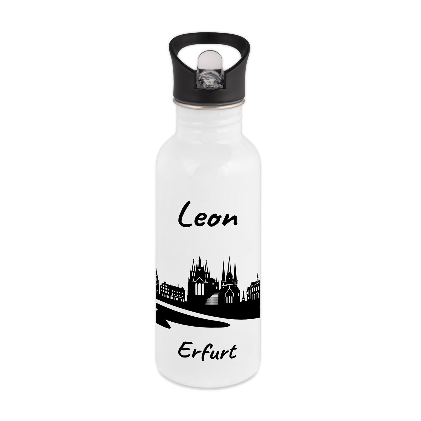 Trinkflasche in Weiß 600ml aus Edelstahl bedruckt mit der Skyline von Erfurt personalisierbar mit Wunschname