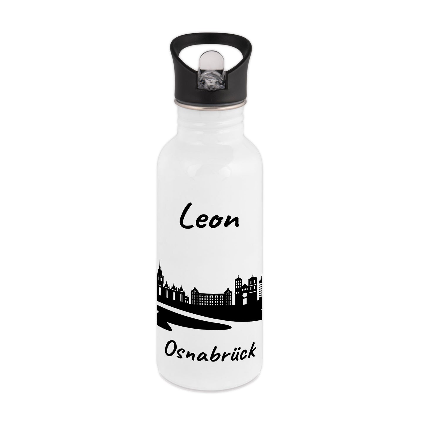 Trinkflasche in Weiß 600ml aus Edelstahl bedruckt mit der Skyline von Osnabrück personalisierbar mit Wunschname