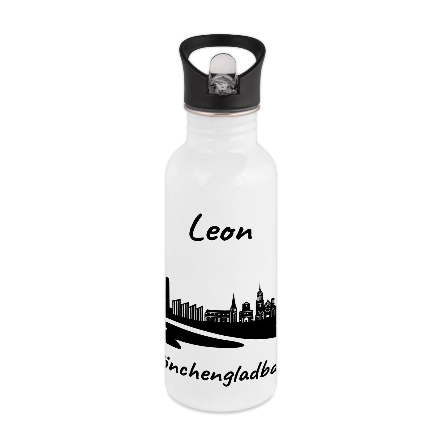 Trinkflasche in Weiß 600ml aus Edelstahl bedruckt mit der Skyline von Mönchengladbach personalisierbar mit Wunschname
