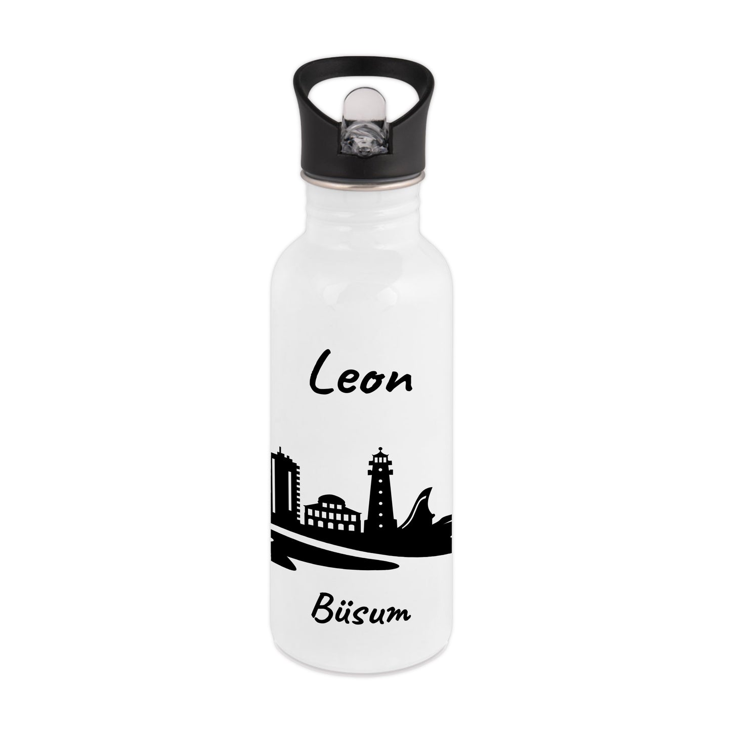 Trinkflasche in Weiß 600ml aus Edelstahl bedruckt mit der Skyline von Büsum personalisierbar mit Wunschname