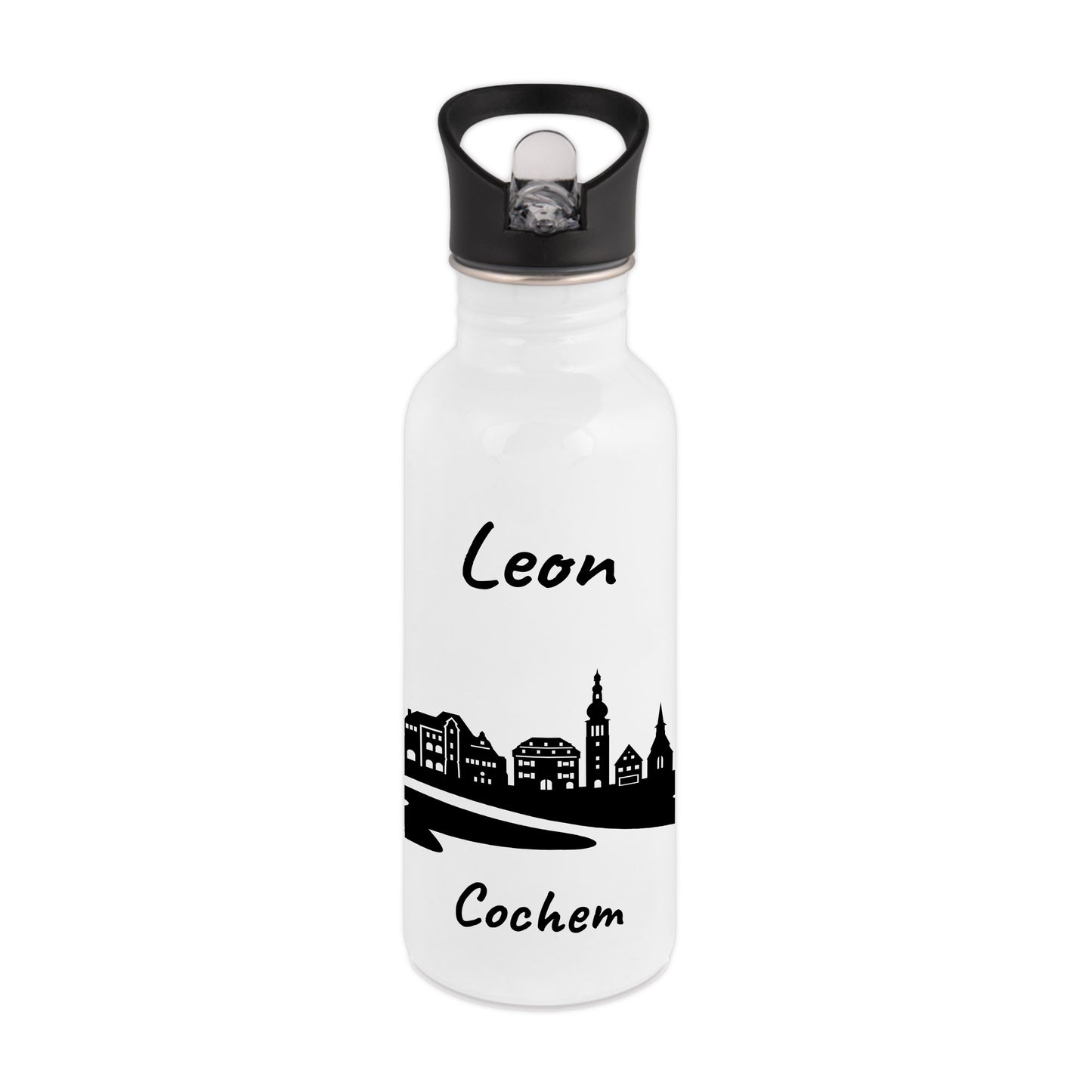 Trinkflasche in Weiß 600ml aus Edelstahl bedruckt mit der Skyline von Cochem personalisierbar mit Wunschname
