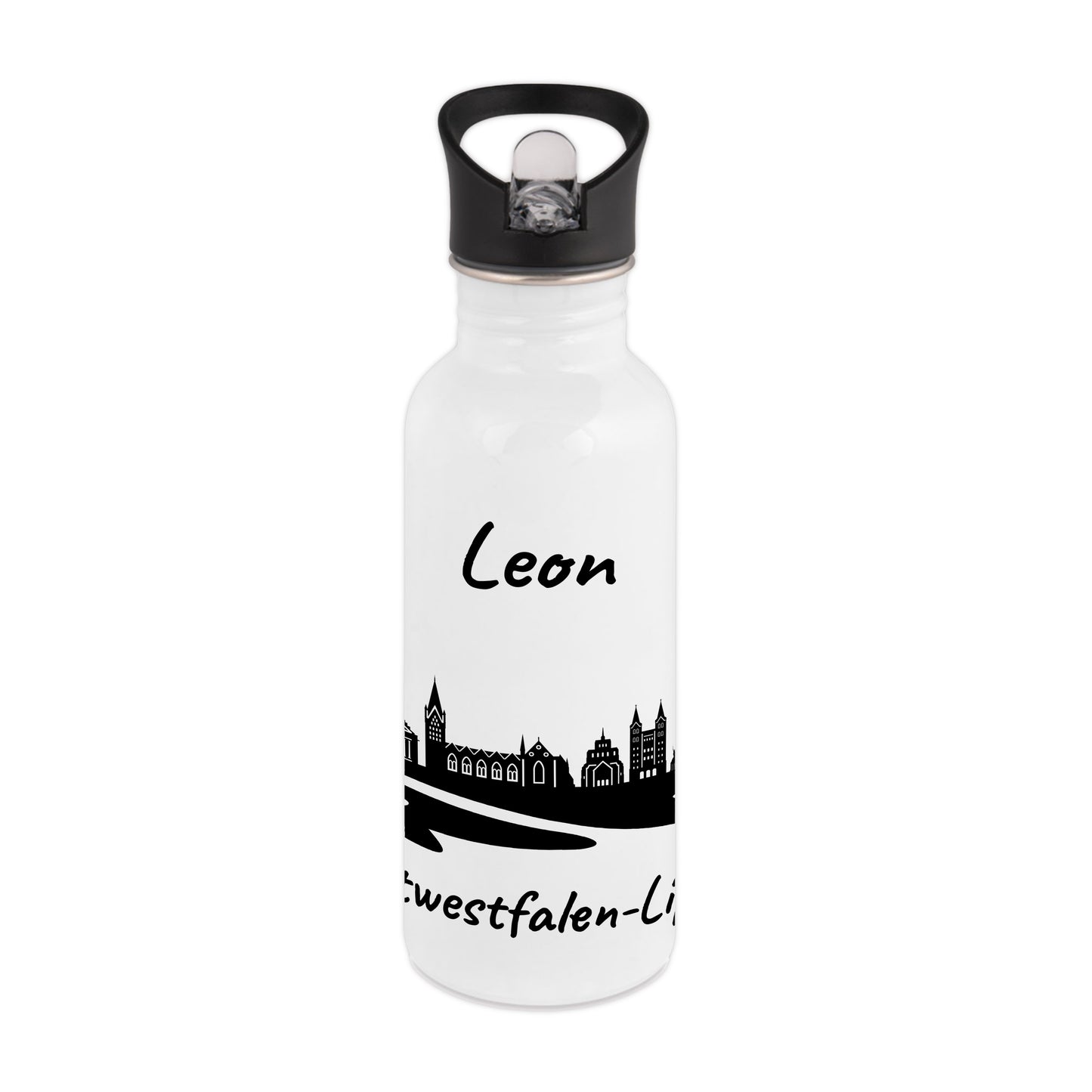 Trinkflasche in Weiß 600ml aus Edelstahl bedruckt mit der Skyline von Ostwestfalen-Lippe personalisierbar mit Wunschname