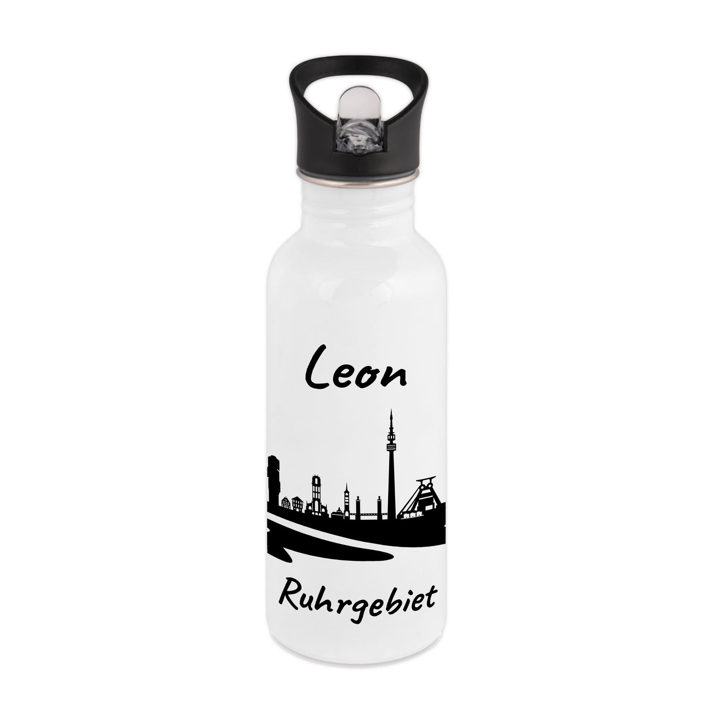 Trinkflasche in Weiß 600ml aus Edelstahl bedruckt mit der Skyline von Ruhrgebiet personalisierbar mit Wunschname
