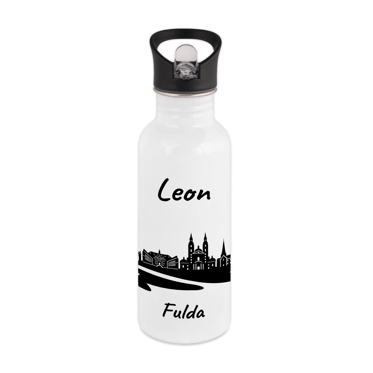 Trinkflasche in Weiß 600ml aus Edelstahl bedruckt mit der Skyline von Fulda personalisierbar mit Wunschname
