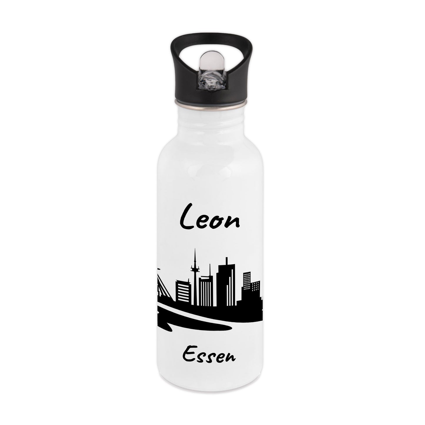 Trinkflasche in Weiß 600ml aus Edelstahl bedruckt mit der Skyline von Essen personalisierbar mit Wunschname