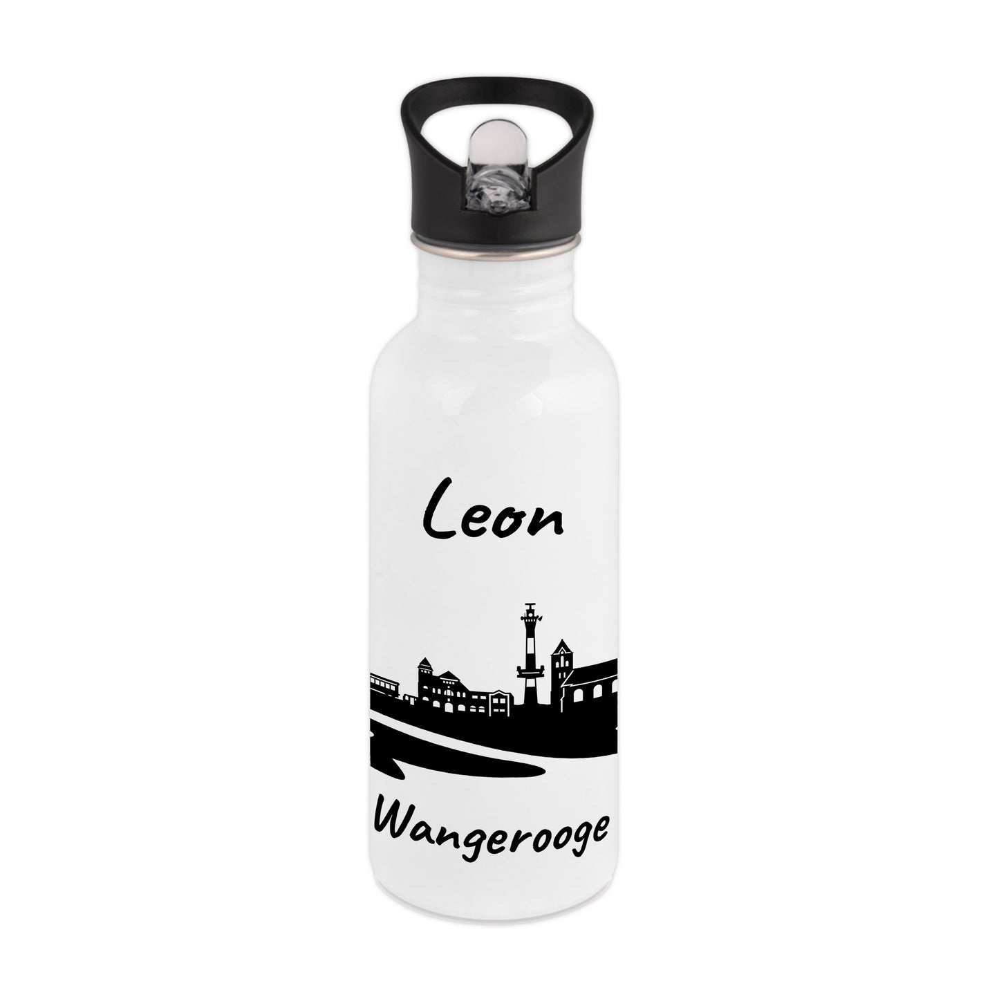 Trinkflasche in Weiß 600ml aus Edelstahl bedruckt mit der Skyline von Wangerooge personalisierbar mit Wunschname