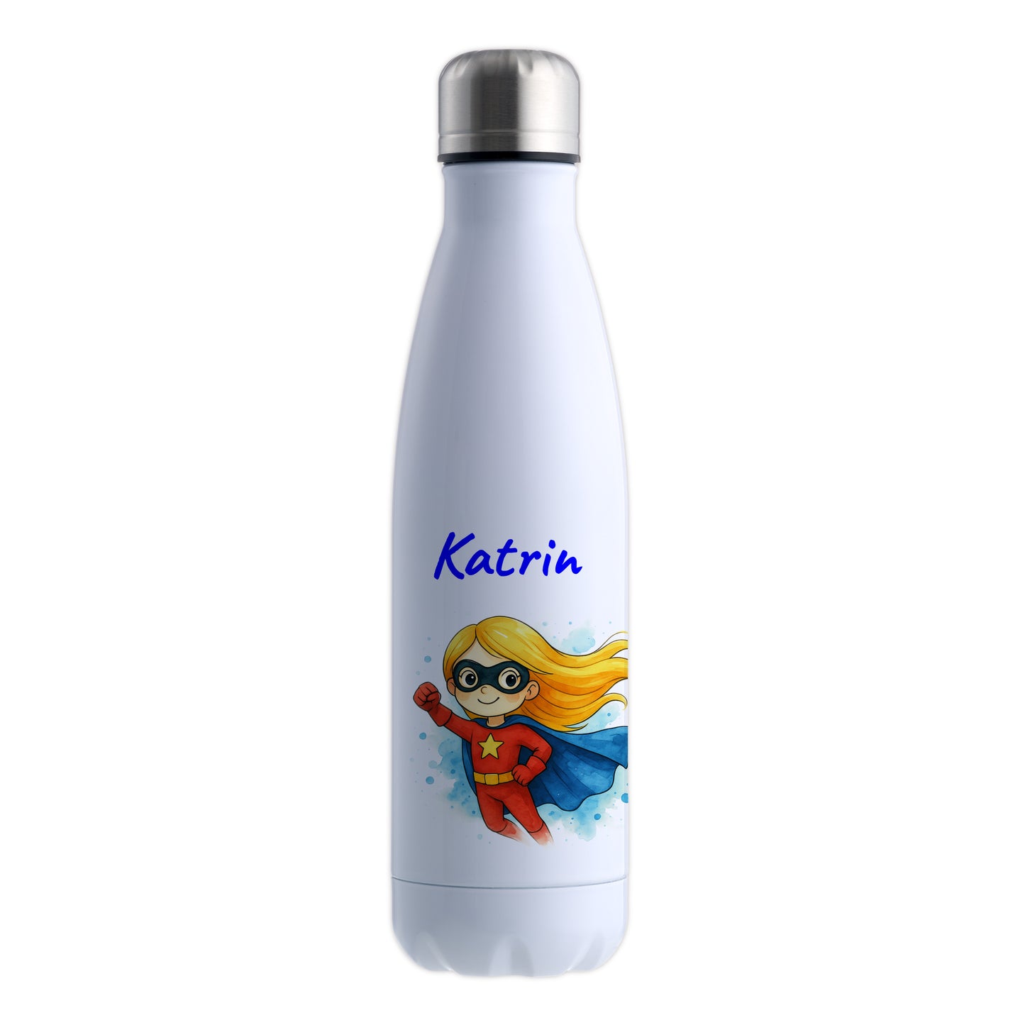 Thermoflasche 500ml in Weiß bedruckt mit tollen Motiven für Kinder "Superheldin" personalisierbar mit Wunschname