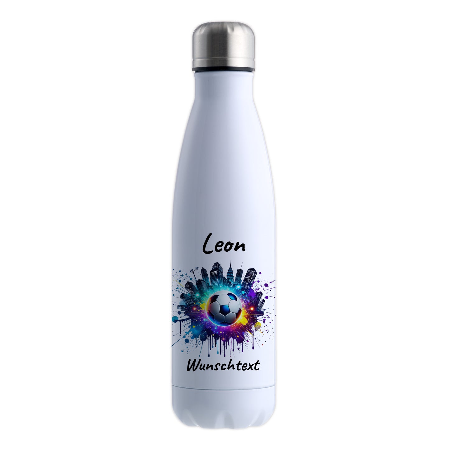 Thermoflasche 500ml in Weiß aus Edelstahl bedruckt "Fußball" Motiv7 personalisierbar mit Wunschname & Text