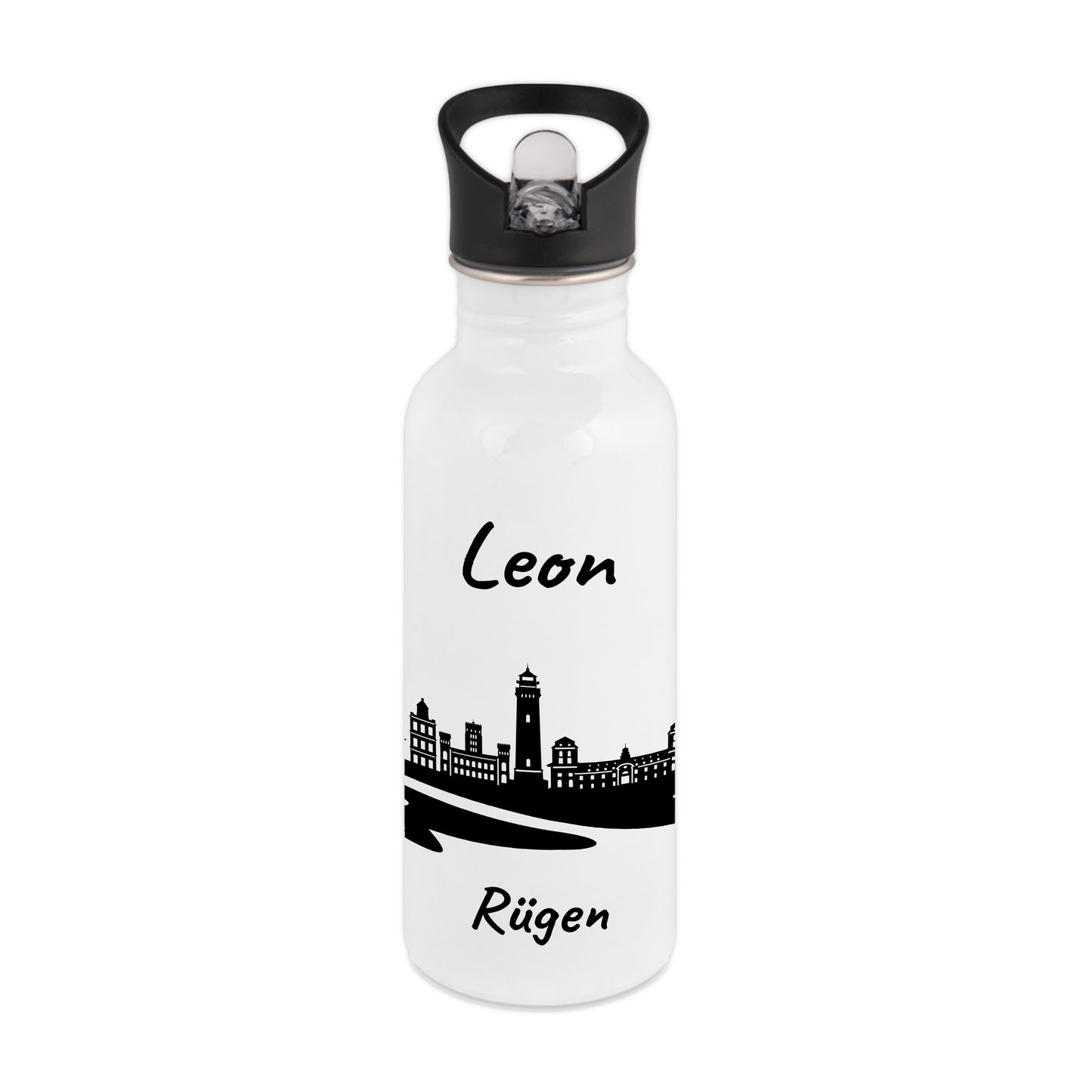 Trinkflasche in Weiß 600ml aus Edelstahl bedruckt mit der Skyline von Rügen personalisierbar mit Wunschname